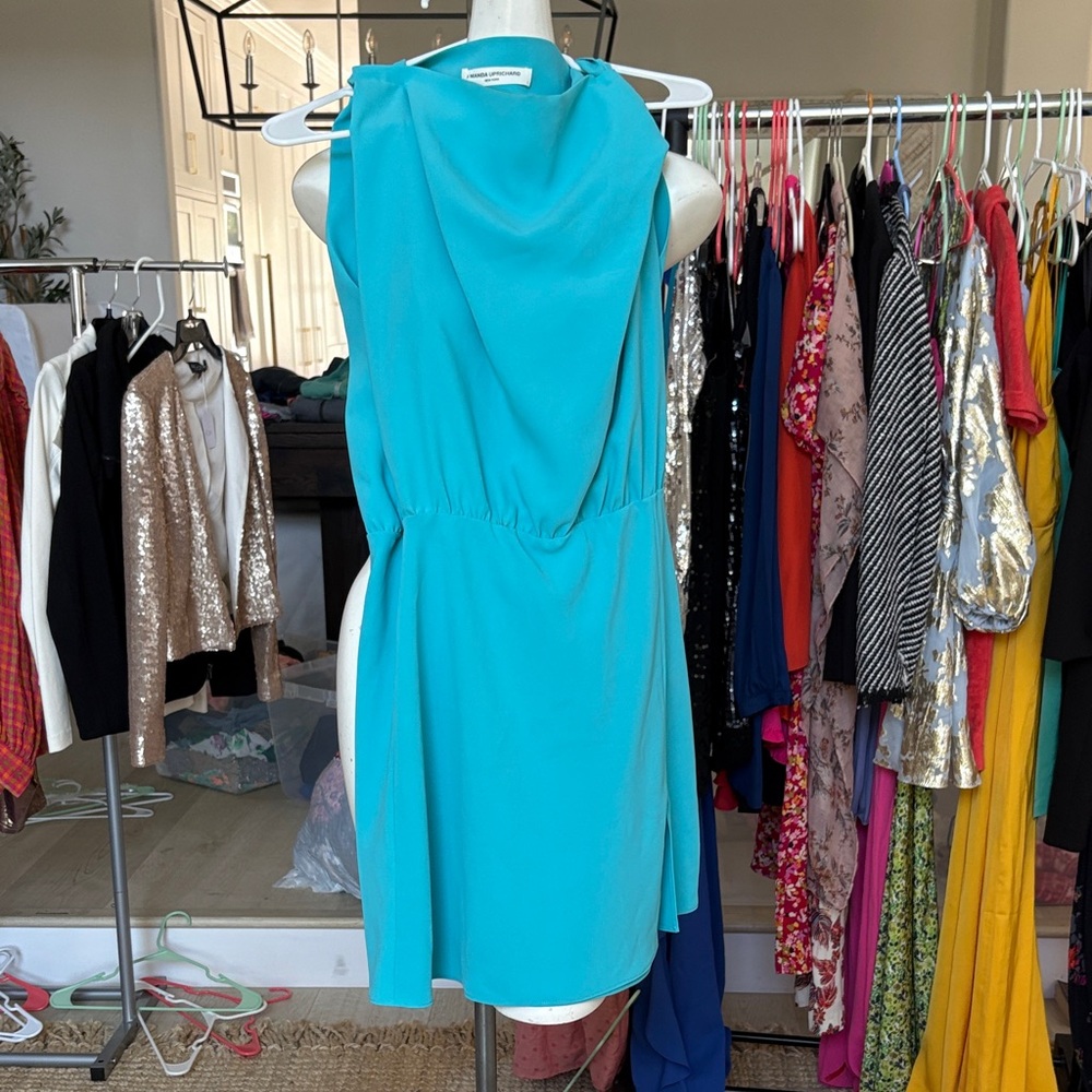 Amanda Uprichard Turquoise One-Shoulder Draped Dress